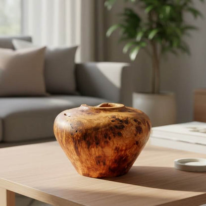 An artisan Mappa burr hollow form sitting on a modern table as a luxury wooden centrepiece for organic home décor.