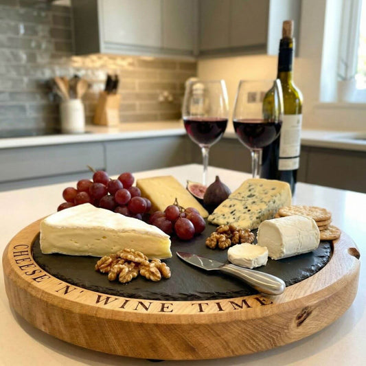 Round English Oak cheese board with slate insert, loaded with artisan cheese and grapes. Personalised wooden gift for foodies.
