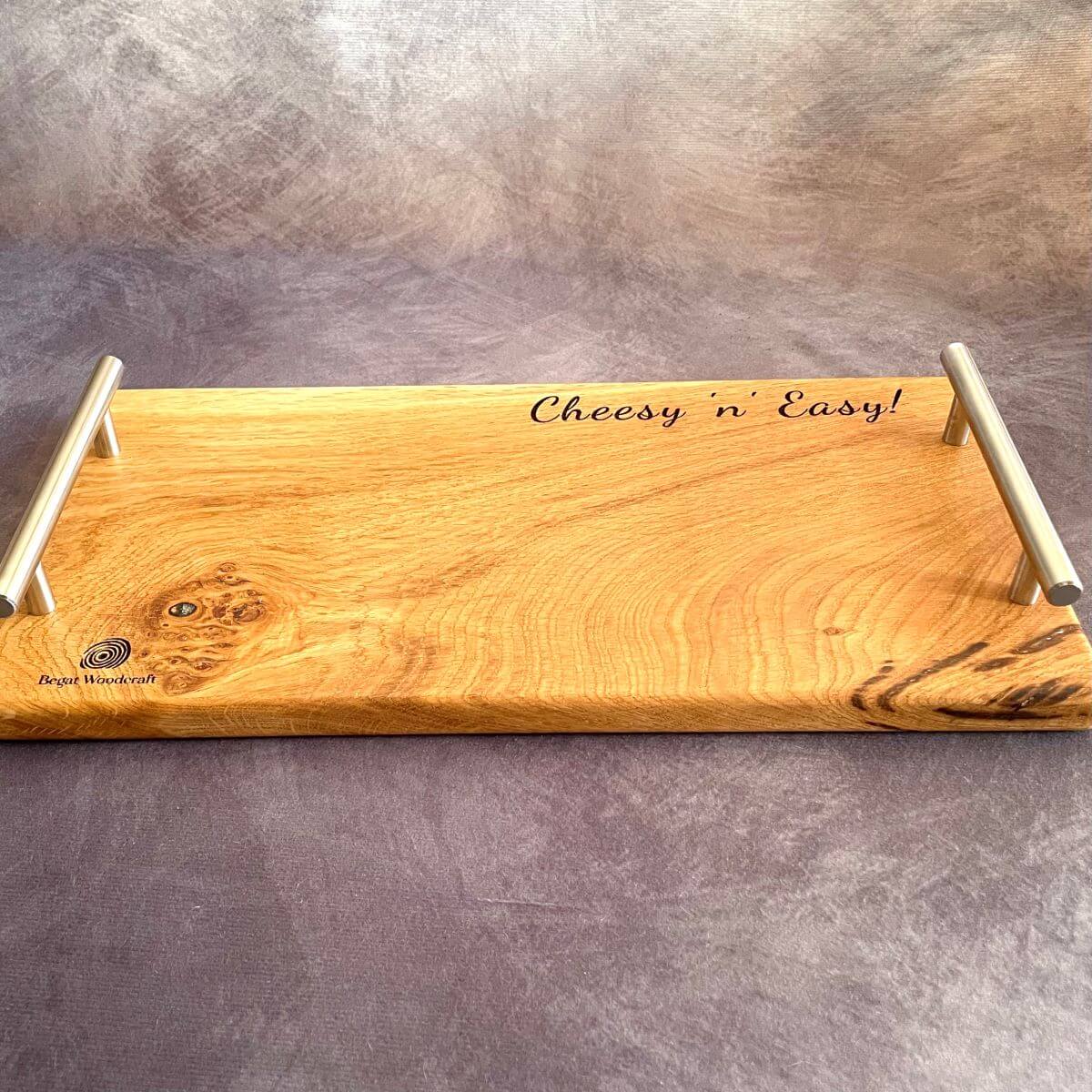 front profile showing the 20mm thickness of the solid oak board. Hand-sanded edges and a food-safe wax oil finish 5th anniversary gift