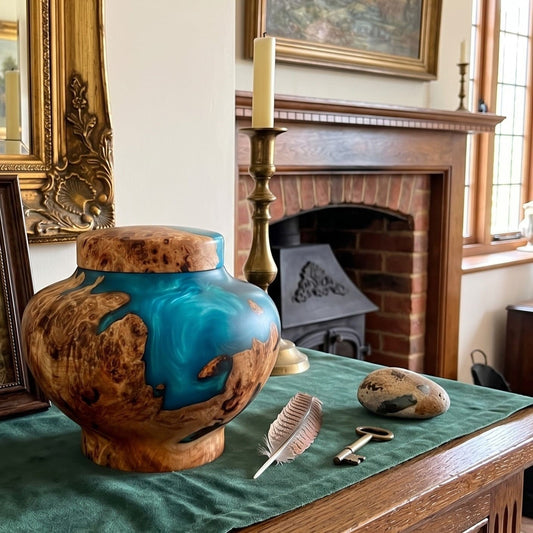 Small dog urn for ashes displayed on an oak surface with a framed photograph.