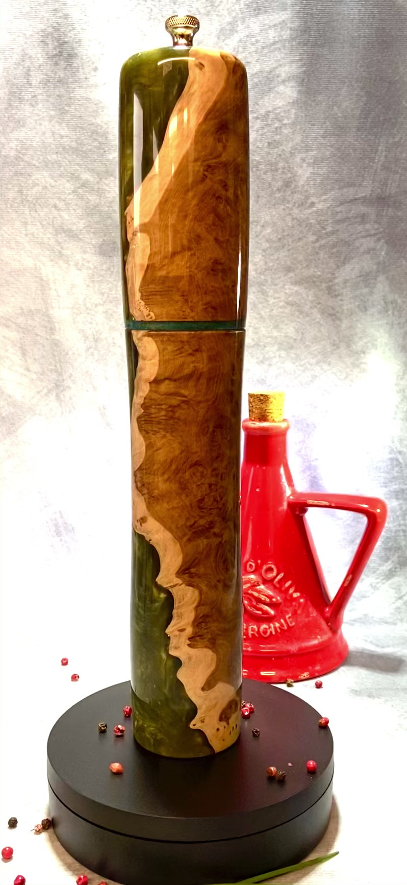 Pepper mill in mallee burr with green resin video rotating on turntable