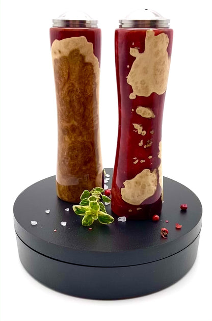 Video of mallee burr & red resin salt & pepper shaker set on rotating turntable