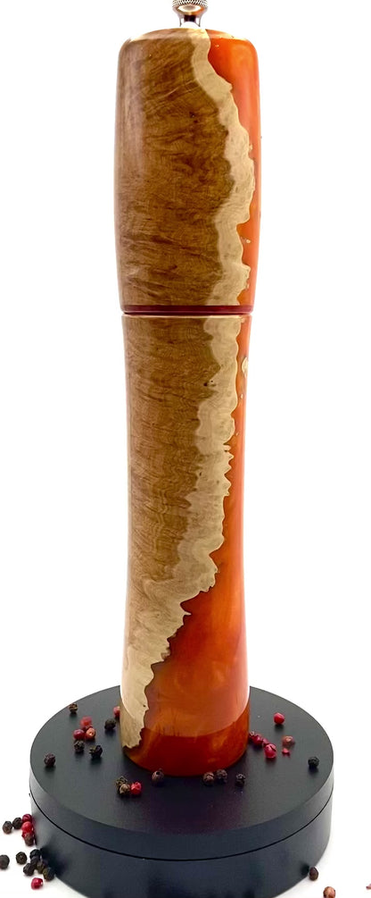 Video of mallee burr & orange resin pepper mill rotating on turntable