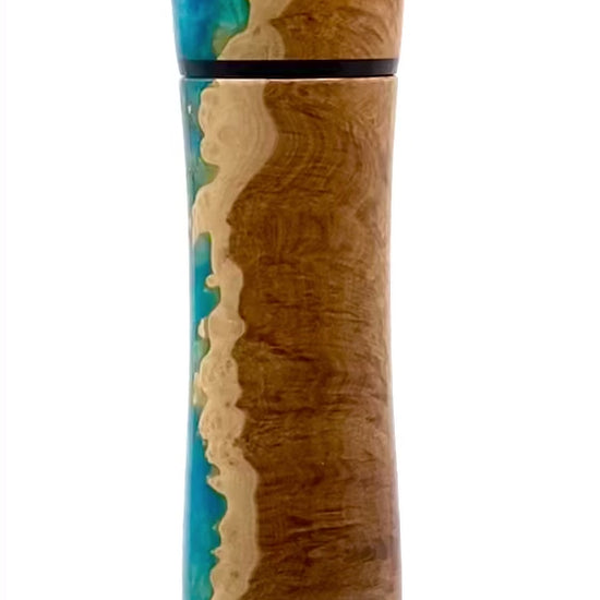 Rotating view of mallee & turquoise resin handcrafted pepper mill to give an all round view