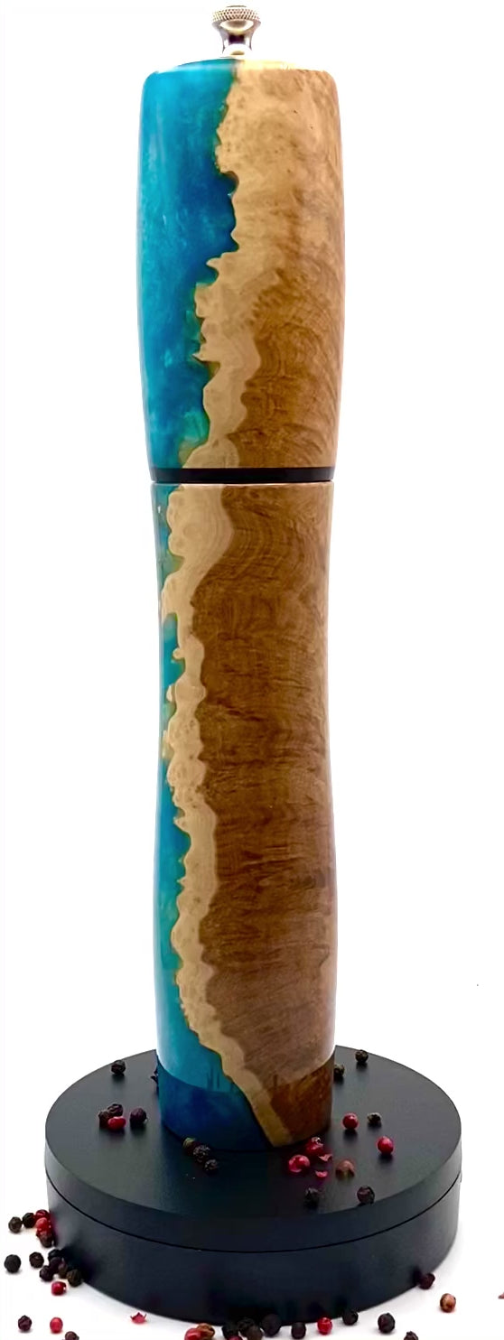 Rotating view of mallee & turquoise resin handcrafted pepper mill to give an all round view