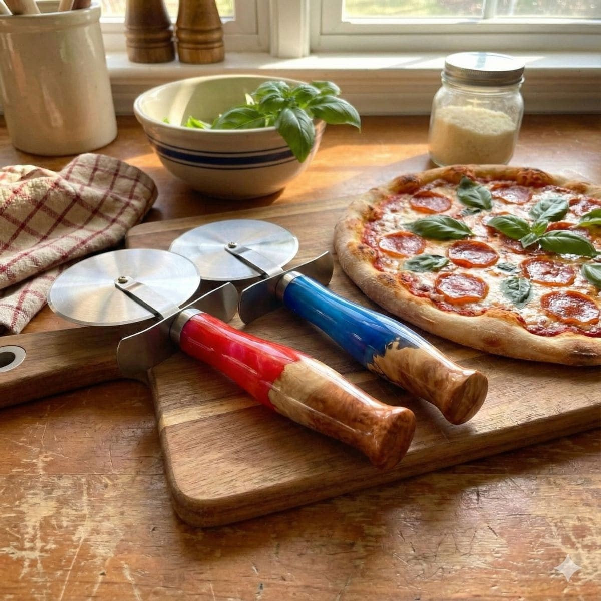 handmade red and blue resin and burr wood pizza cutters on kitchen board with pizza