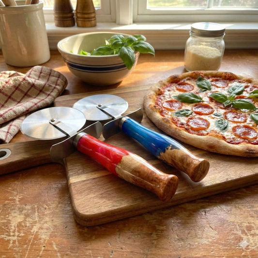 handmade red and blue resin and burr wood pizza cutters on kitchen board with pizza