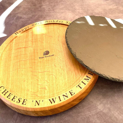 Wooden serving platter showing the removable slate insert for easy cleaning. 40mm thick solid oak profile.