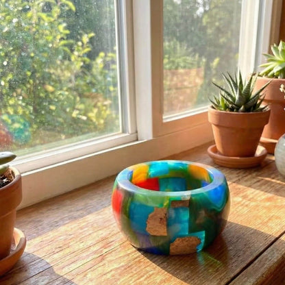 Green Resin Mosaic Bowl displayed on wooden window sill with light passing through