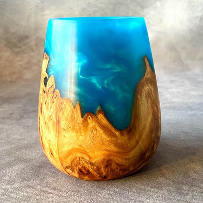 Handmade mappa burr and turquoise decorative vase wood art