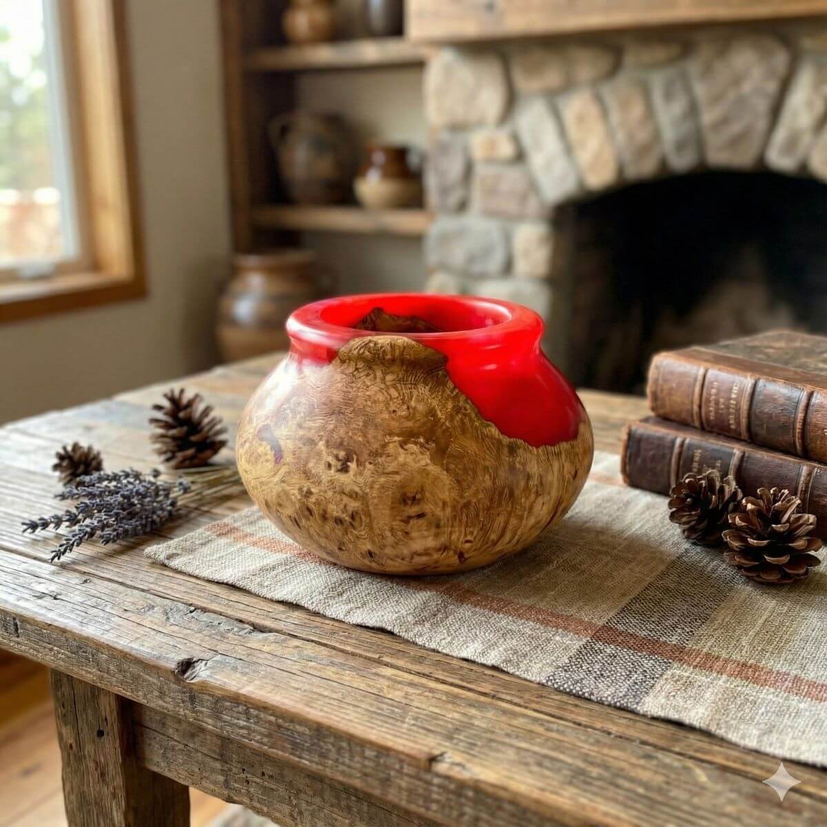 Dramatic red and wood sculpture displayed as modern home decor centrepiece