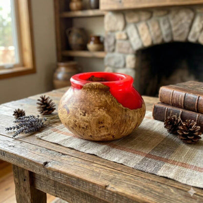 Dramatic red and wood sculpture displayed as modern home decor centrepiece