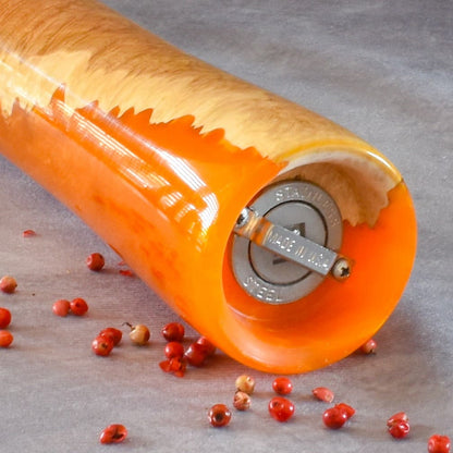 Detail of hardened stainless steel grinder mechanism on handmade mill