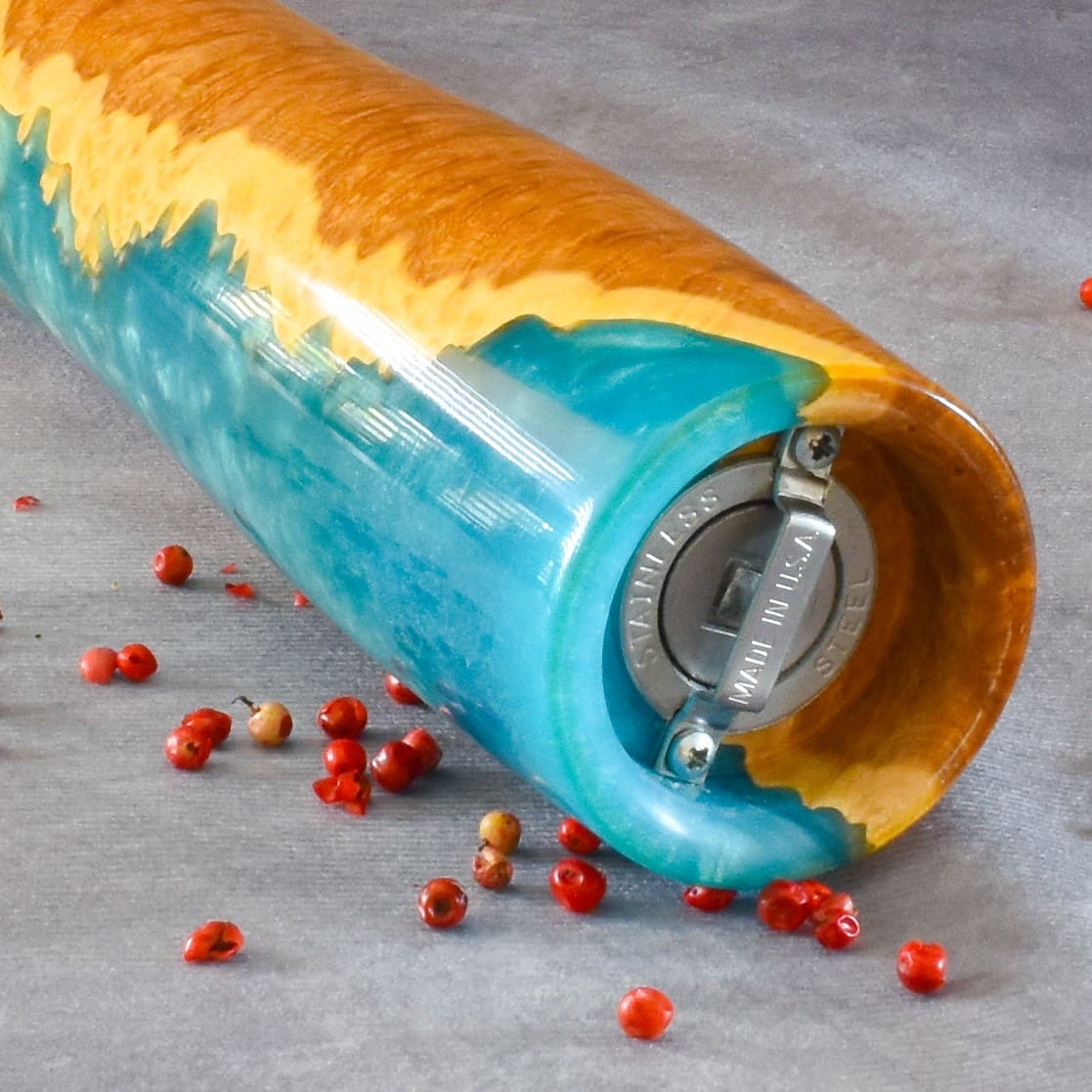 Detail of hardened stainless steel grinder mechanism on handmade mill