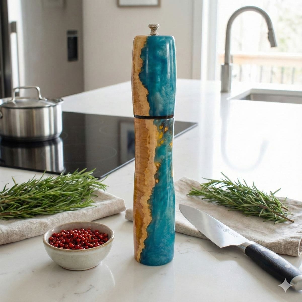 Large luxury wooden pepper mill displayed on kitchen dining table