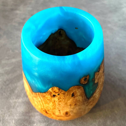 Handmade mappa burr and turquoise resin art vessel 90mm x 110mm front view made in Yorkshire.