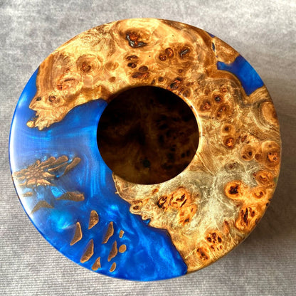 Top down view of wide Mappa Burr hollow form showing cobalt resin depth