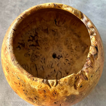 Angled top view of a hand turned mappa burr art vessel highlighting its smooth sweeping curves and internal hollowing.