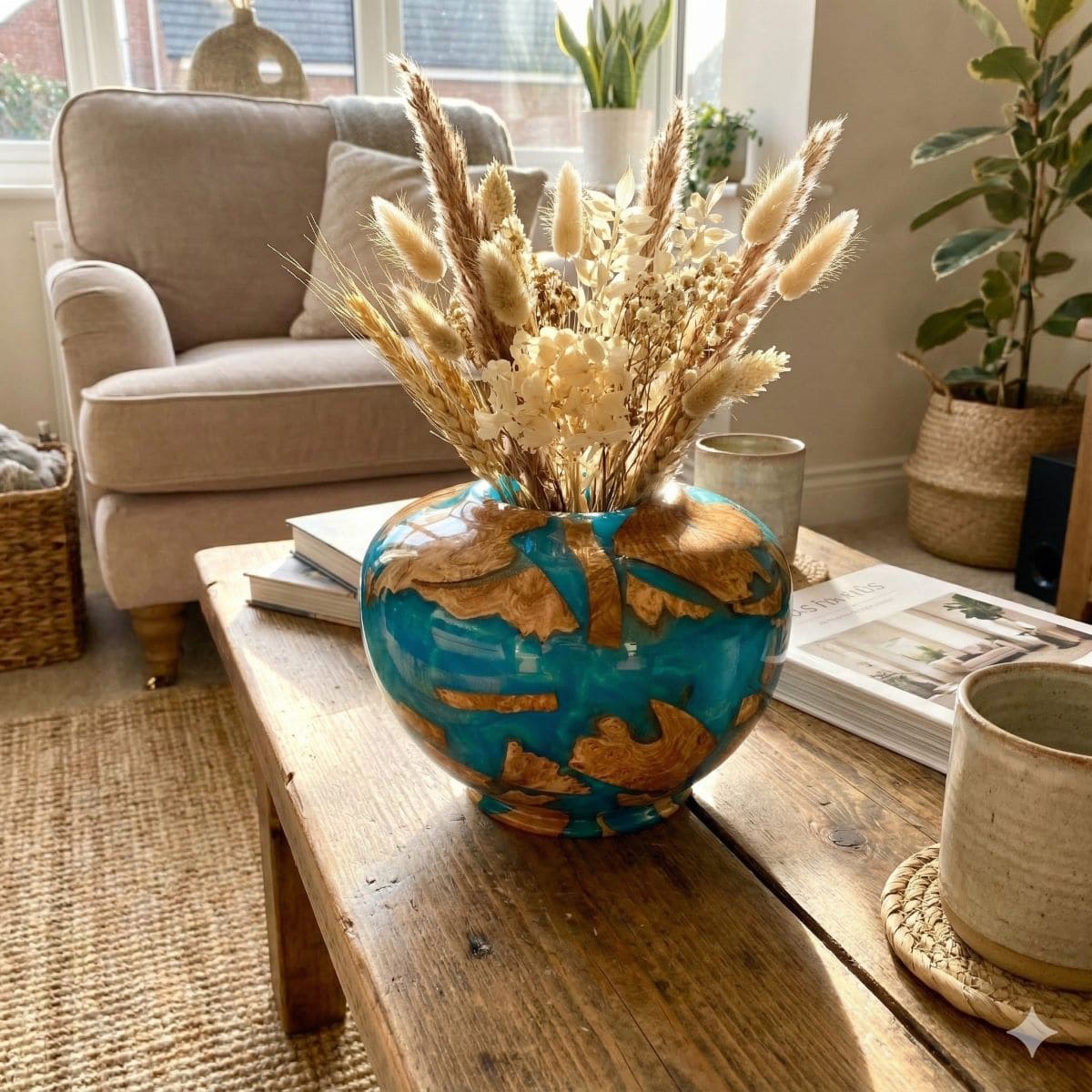 Modern turquoise and wood sculpture displayed as statement home decor centrepiece