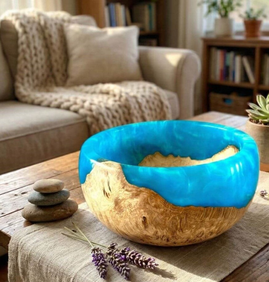 Small turquoise and wood bowl displayed as modern rustic home decor centrepiece
