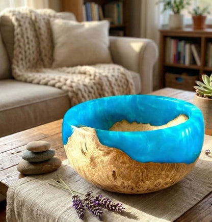 Small turquoise and wood bowl displayed as modern rustic home decor centrepiece
