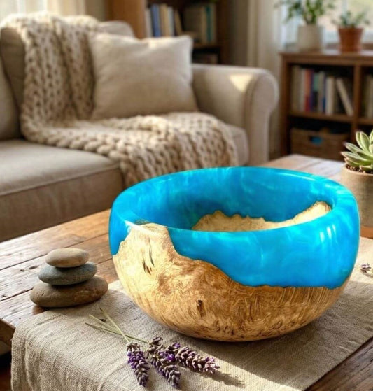 Small turquoise and wood bowl displayed as modern rustic home decor centrepiece