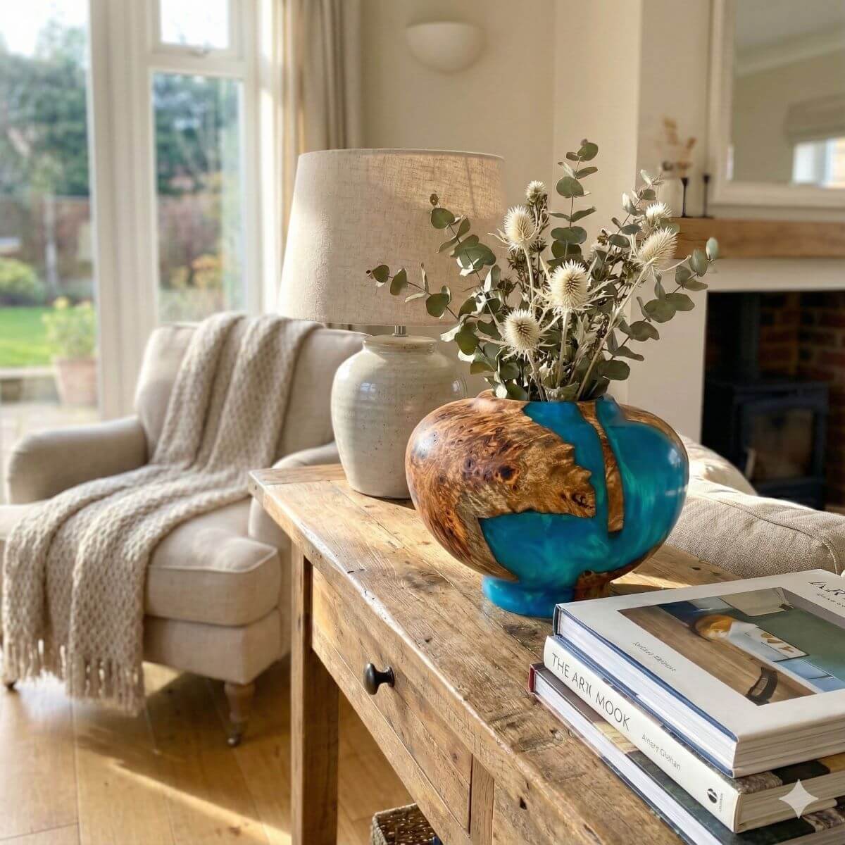 Modern turquoise and wood sculpture displayed as art centrepiece