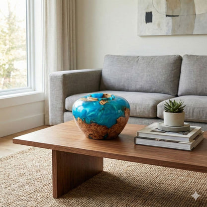 Modern turquoise and wood sculpture displayed as statement home decor centrepiece