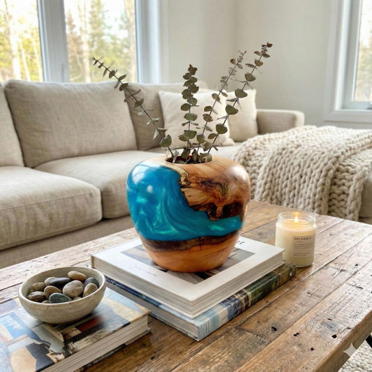 Large turquoise and wood sculpture displayed as statement home decor centrepiece