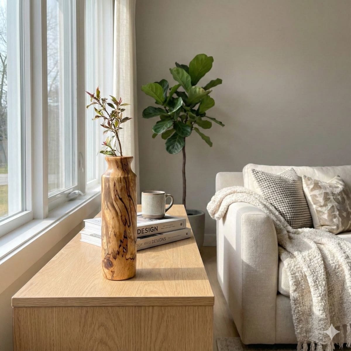 Minimalist wooden bud vase displayed on cabinet with dried flower